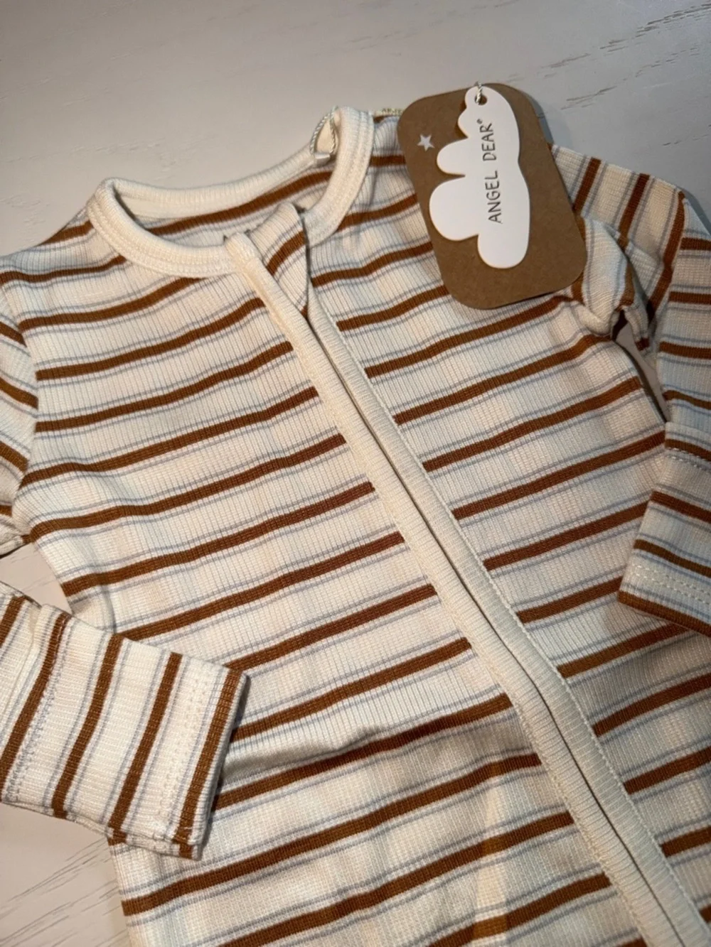 Angel Dear Neutral Stripe Brown Footie 3-6 6-9 months